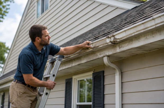Contractor examining loose gutters before gutter replacement.