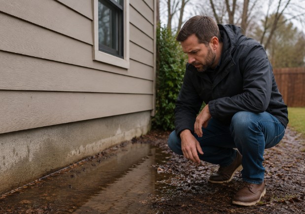  Homeowner checks water pooling near the foundation, showing the need for gutter cleaning.