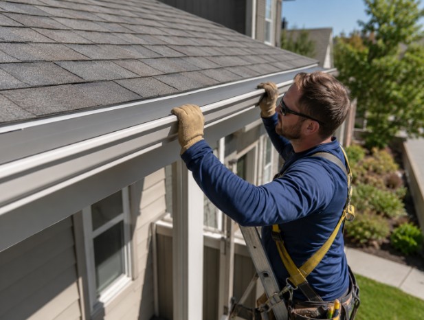 Contractor fitting a custom gutter cover along a residential roofline.