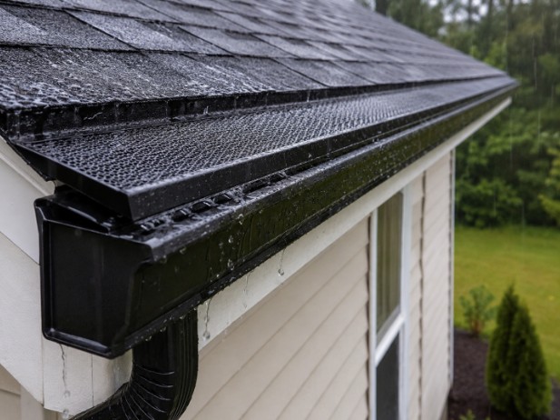 Gutter cover directing rainwater away from a home and its siding.