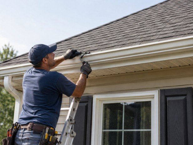 Gutter repair professional securing a loose gutter along the roofline.