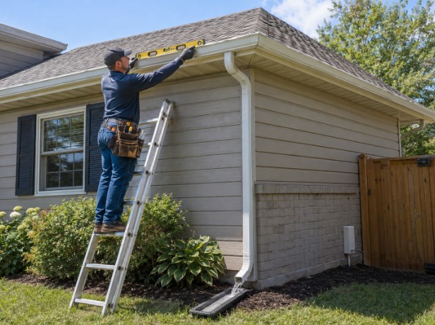 Gutter repair contractor checking gutter slope and downspout flow.
