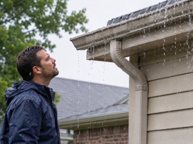Homeowner inspecting an overflowing gutter and downspout.